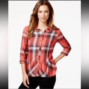 NWT Kensie Coral Plaid Peplum Blouse Womens Size Large Button Down Shirt